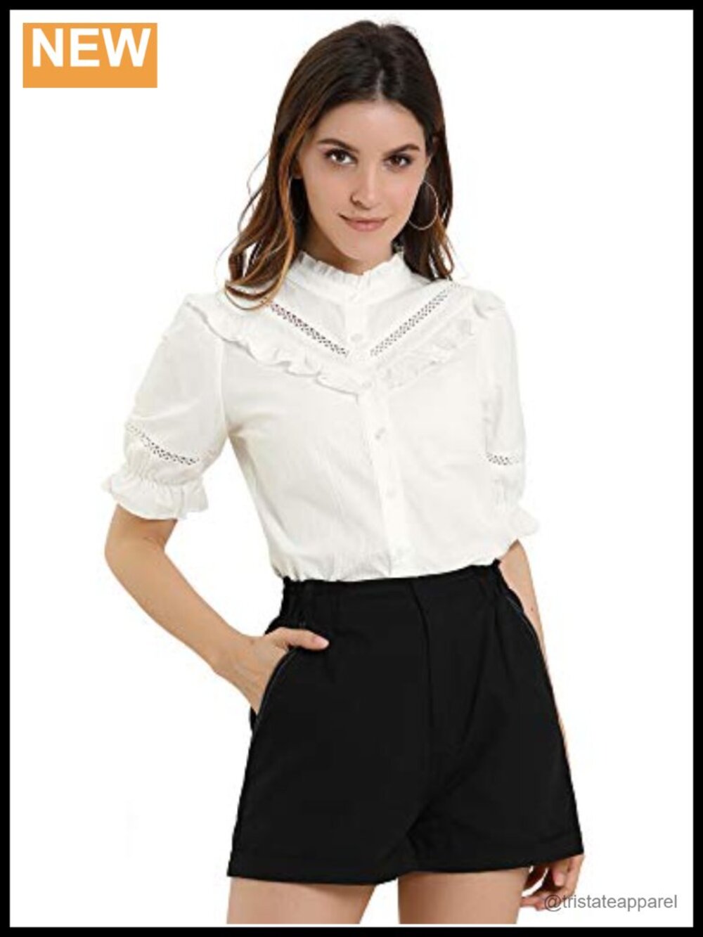 Allegra K Women's Button Down Cotton Short Sleeve Ruffle Blouse Work Top